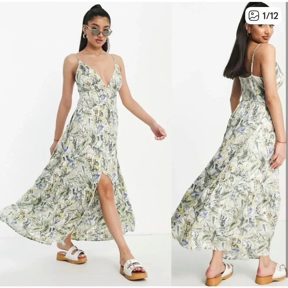 Abercrombie & Fitch Plunge Linen Blend Maxi Dress in Tropical Print, XS